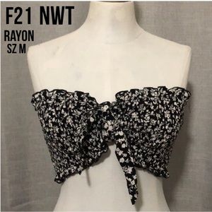 NWT Forever21-Bandeau Top/Tie Detail-Rayon-Black & White Floral-Sz M-Elastic